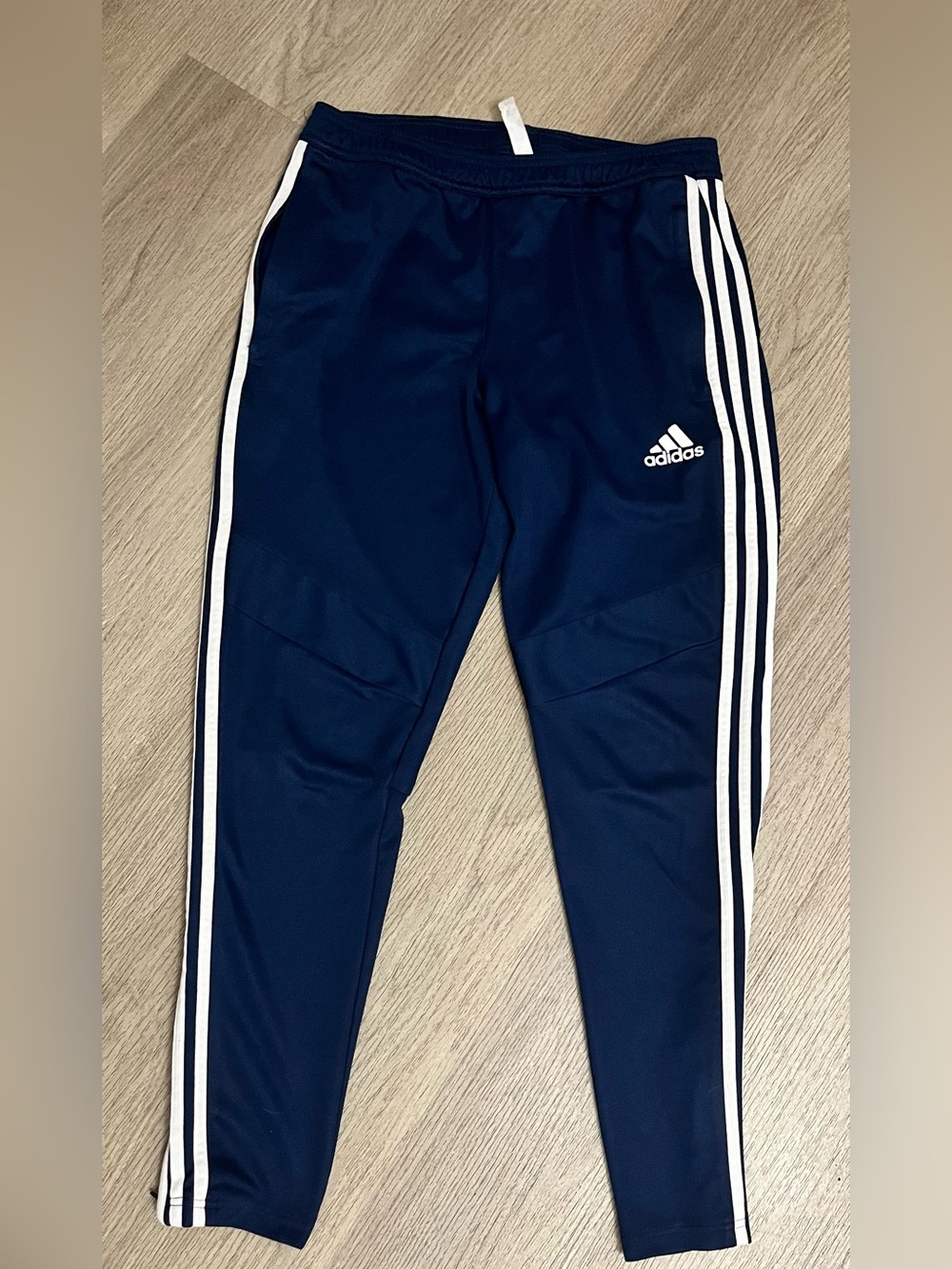 Adidas Men Navy Joggers with White Three-Stripes Size Medium y2k
